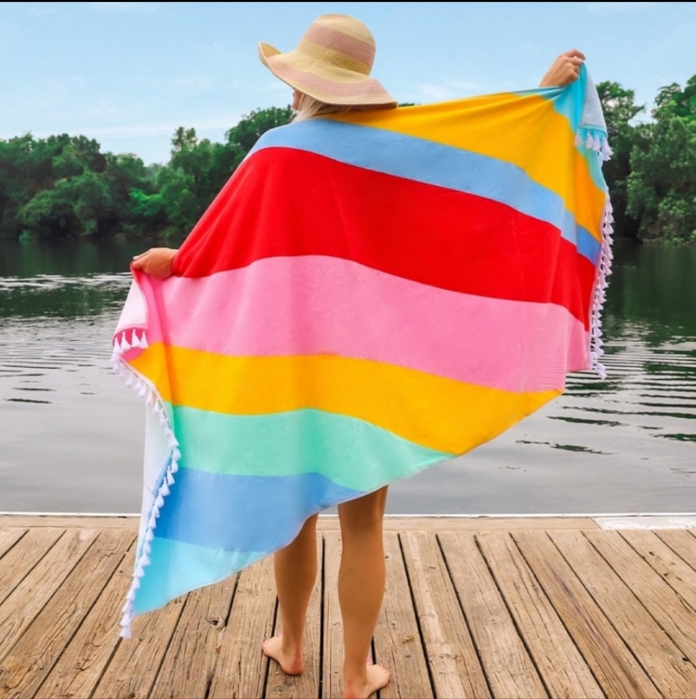 Packed Party 35x70 Rainbow Waves Tassel Fringed Oversized Beach Towel NWT